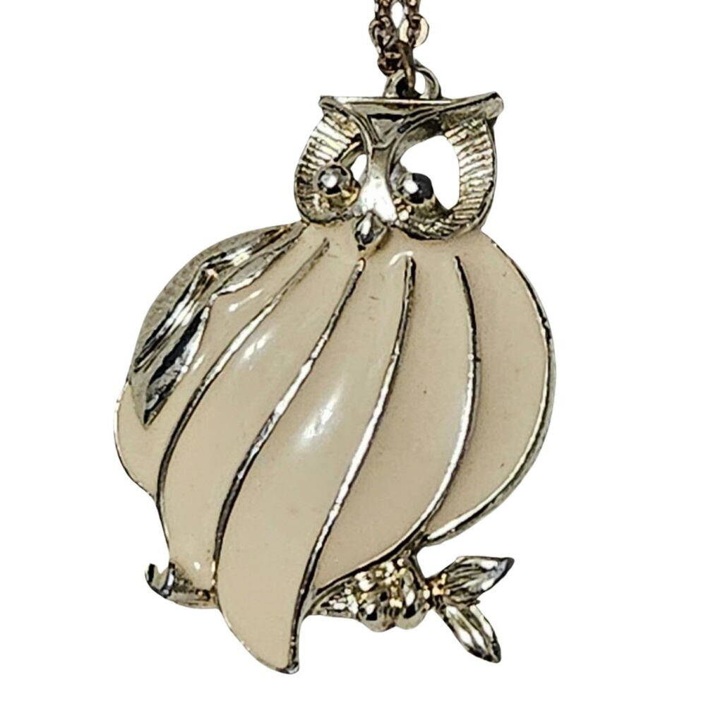 Cream Owl Enamel Coated Pendant on Gold Thin Light Weight Chain Link Necklace